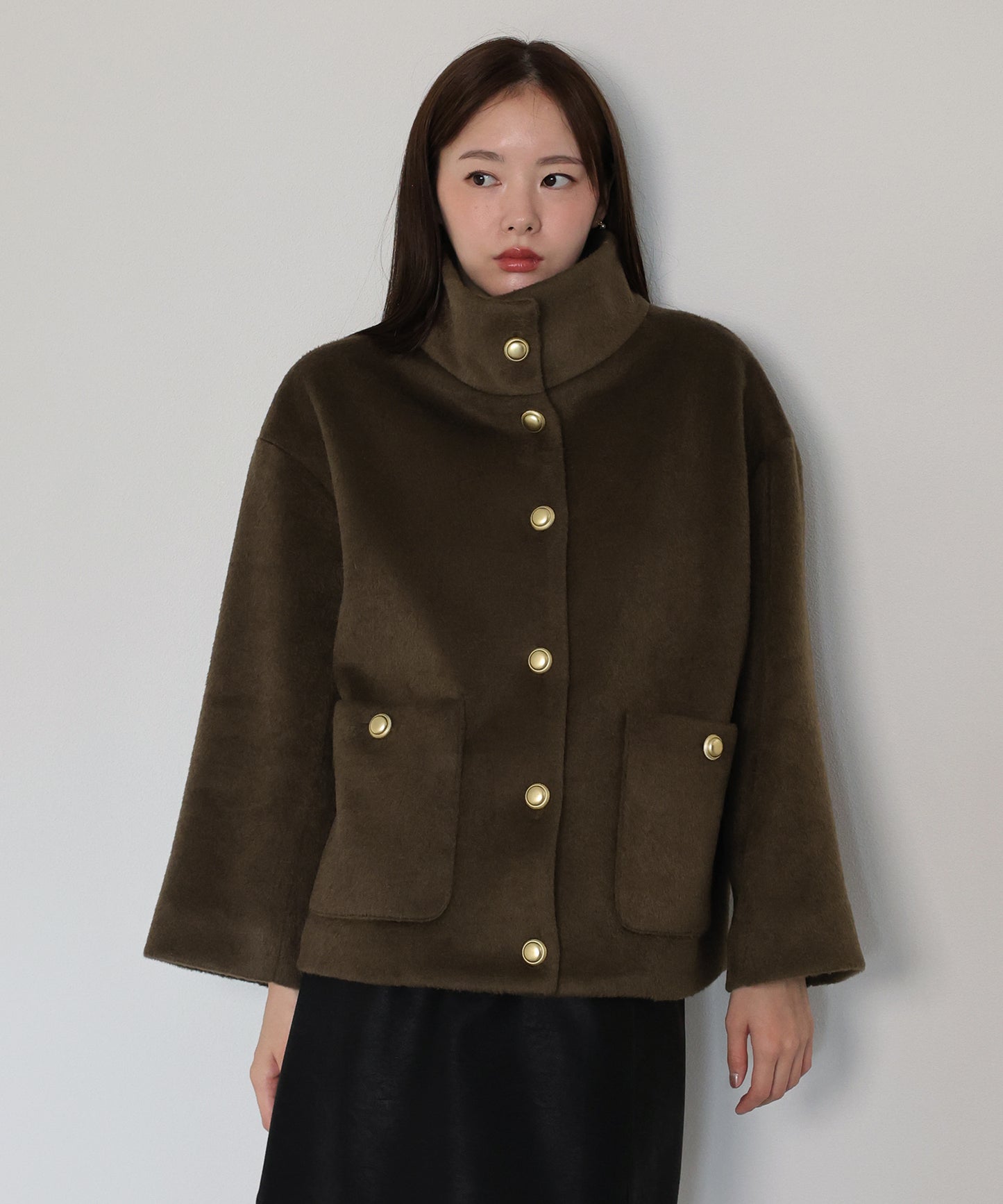 ゴールドボタンスタンドウールシャギーコート