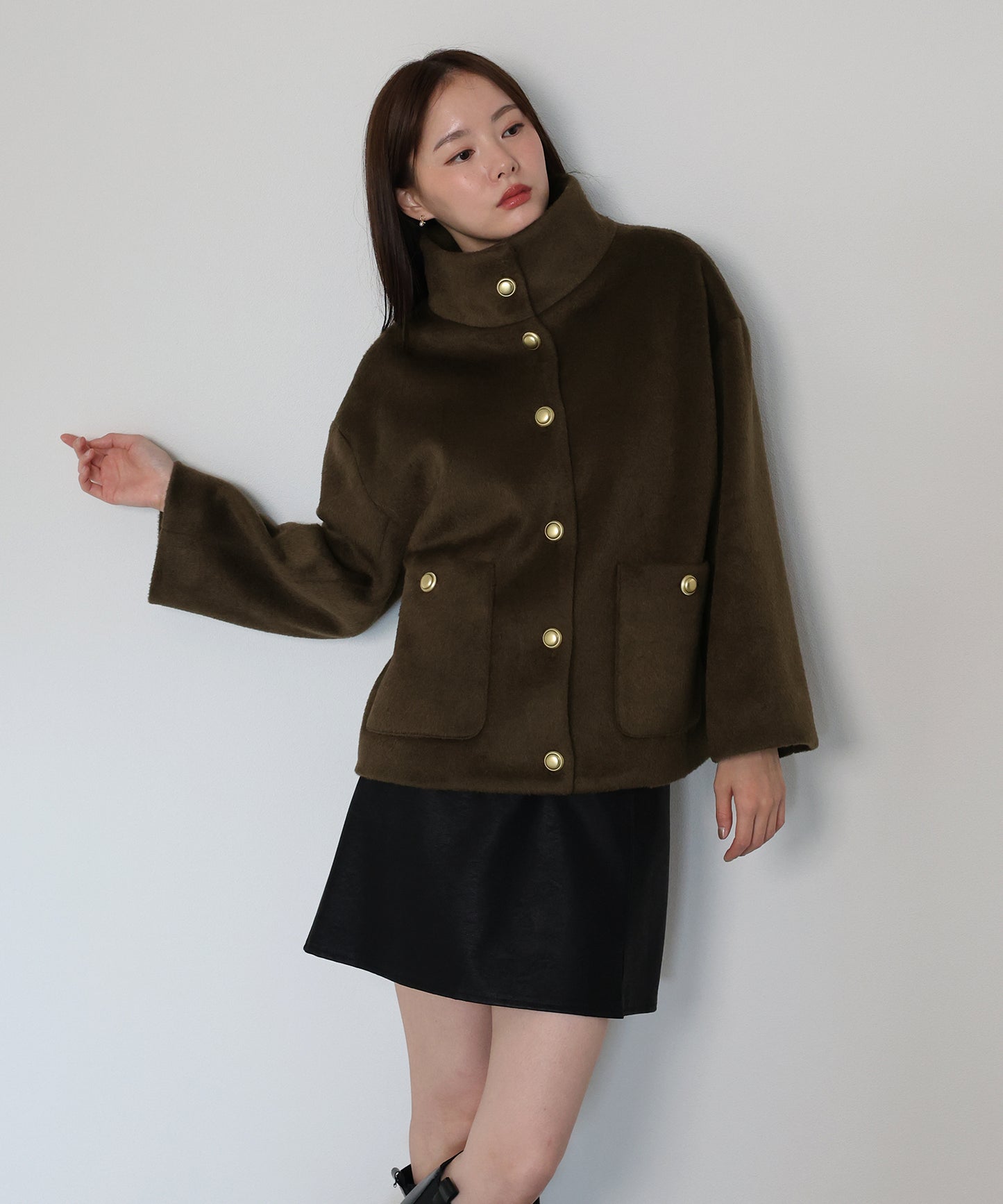 ゴールドボタンスタンドウールシャギーコート