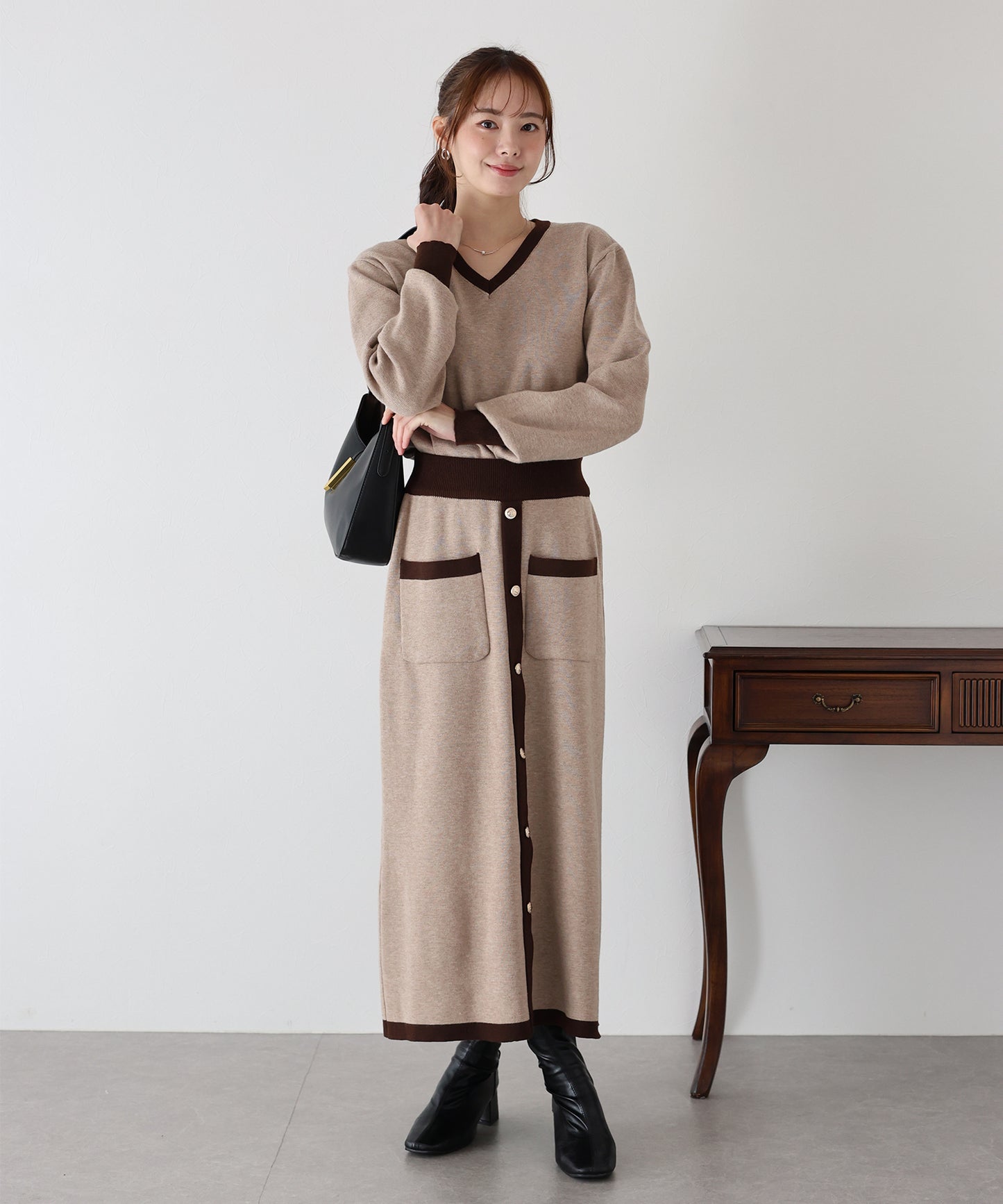 【TIME SALE】配色Vネックニット＆スカート セットアップ