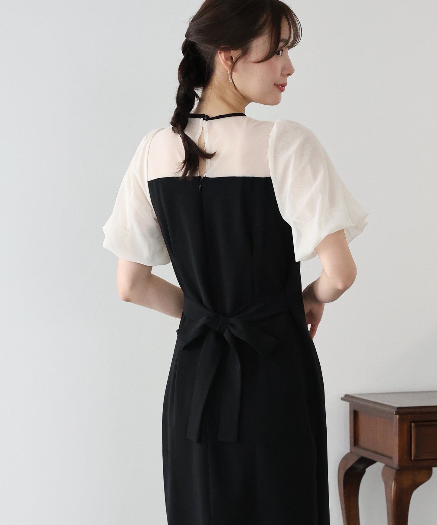 バルーンスリーブ オーガンジー袖&ジャガード＆ベロアワンピース