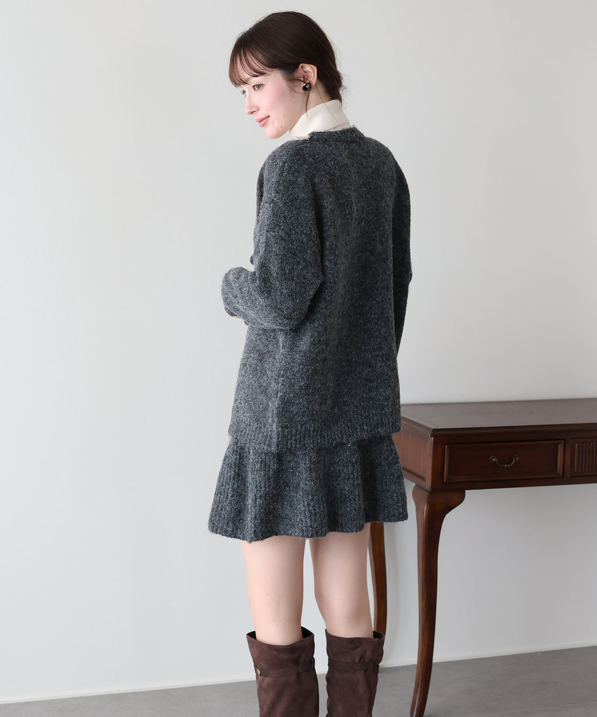 【早割5％OFF】レースリボンカーディガン＆ニットミニスカート セットアップ