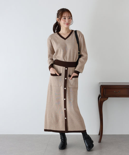 【早割5%OFF】配色Vネックニット&スカート セットアップ