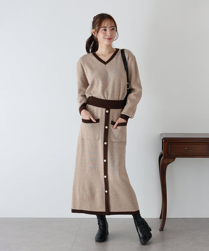 【早割5％OFF】配色Vネックニット＆スカート セットアップ