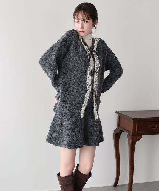 【早割5％OFF】レースリボンカーディガン＆ニットミニスカート セットアップ
