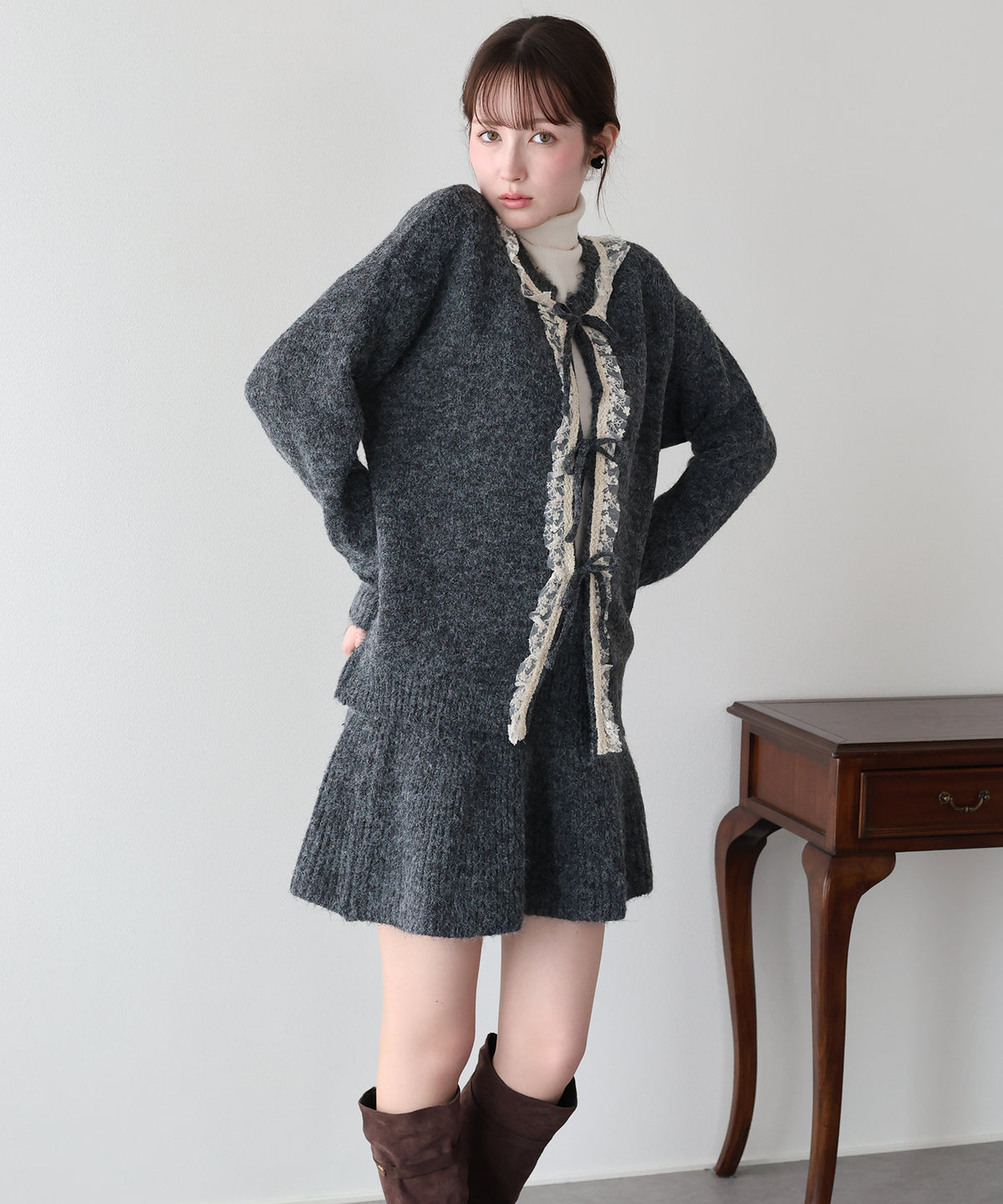【早割5％OFF】レースリボンカーディガン＆ニットミニスカート セットアップ
