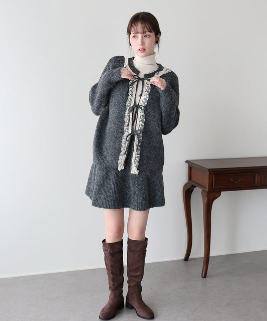 【早割5％OFF】レースリボンカーディガン＆ニットミニスカート セットアップ
