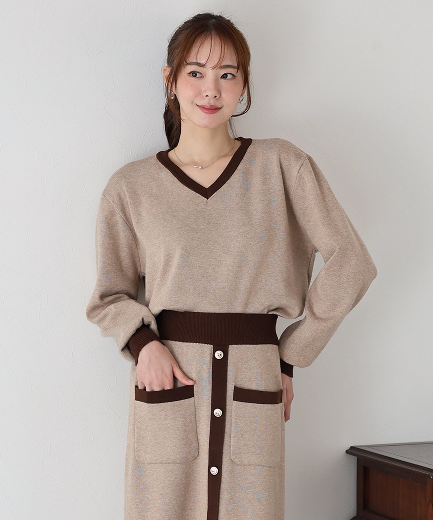 【TIME SALE】配色Vネックニット＆スカート セットアップ