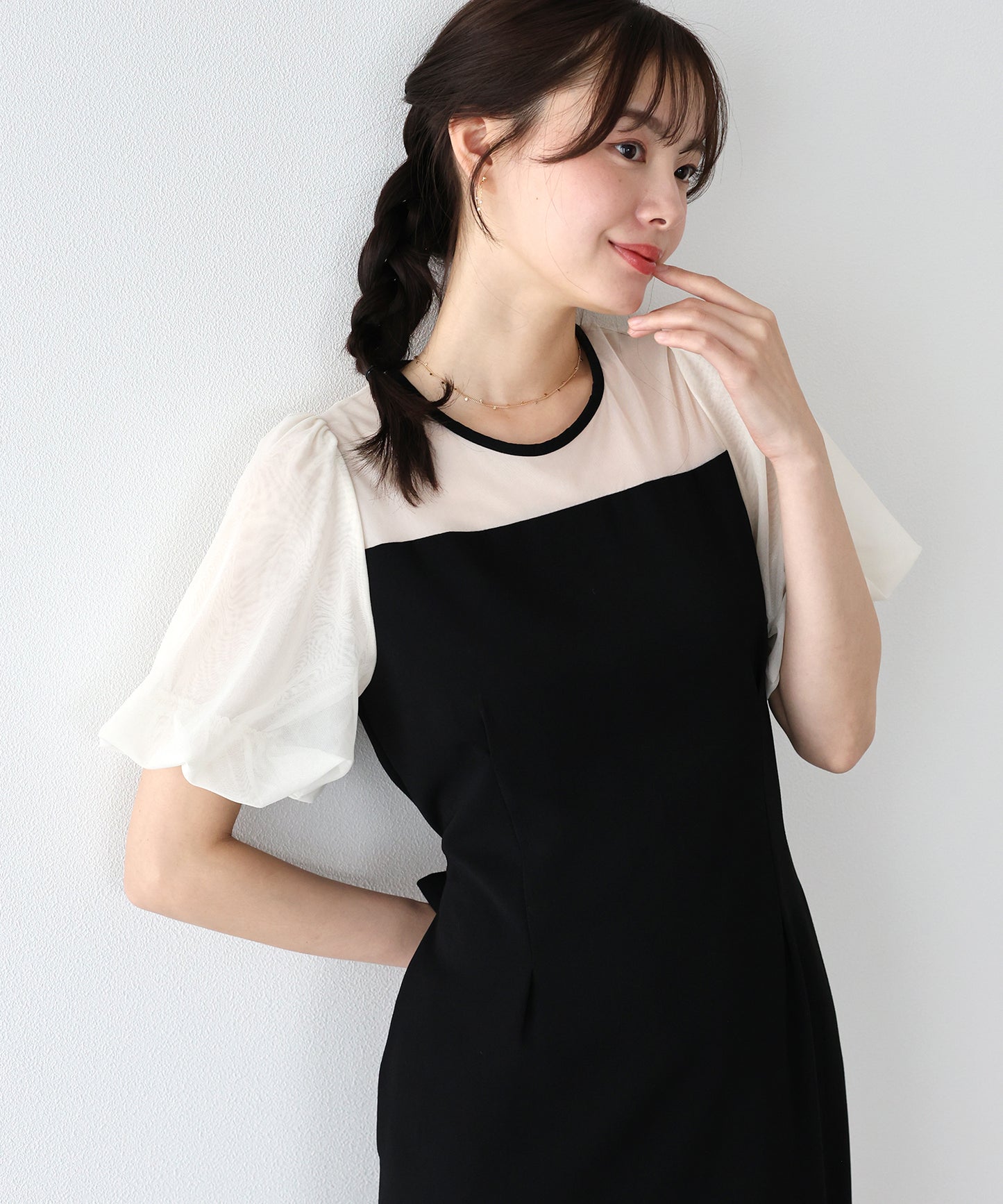 バルーンスリーブ オーガンジー袖&ジャガード＆ベロアワンピース