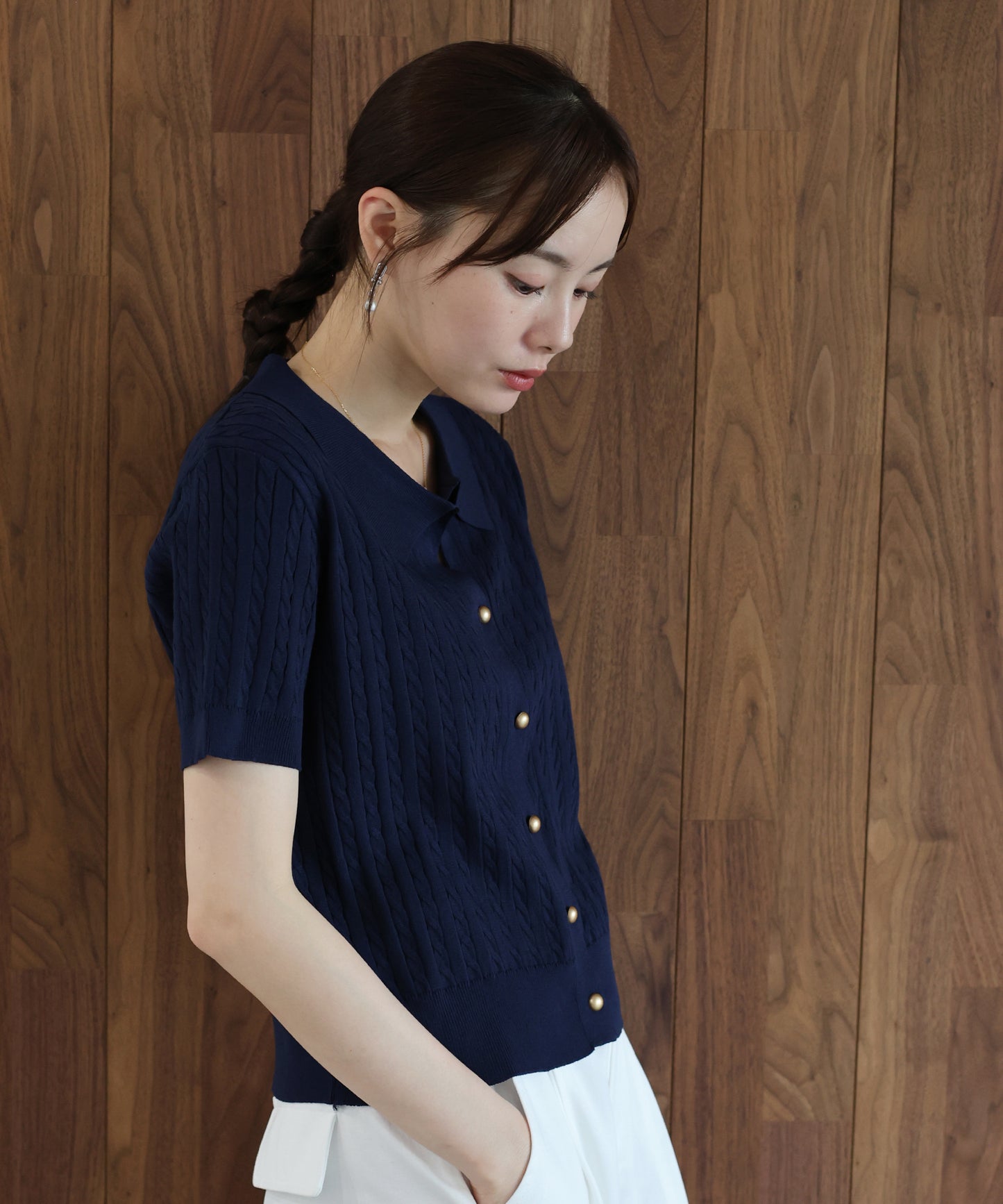 【早割5％OFF】ゴールドボタンケーブルサマーニットカーディガン