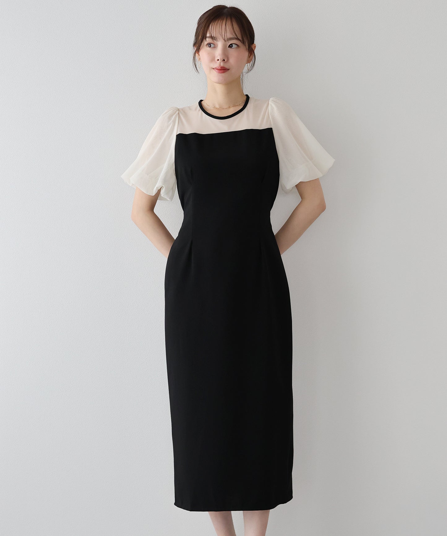 バルーンスリーブ オーガンジー袖&ジャガード＆ベロアワンピース