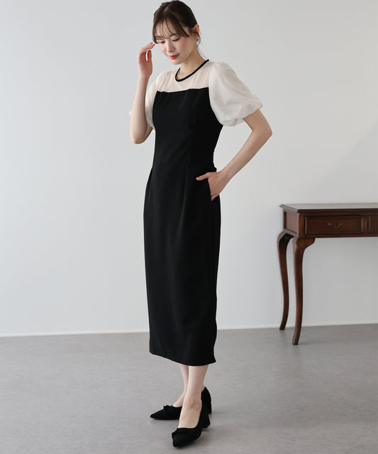 バルーンスリーブ オーガンジー袖&ジャガード＆ベロアワンピース