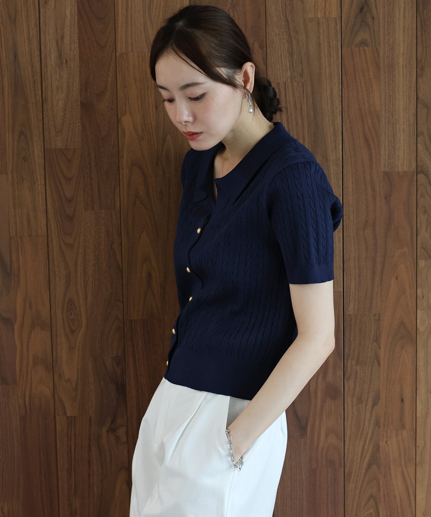 【早割5％OFF】ゴールドボタンケーブルサマーニットカーディガン