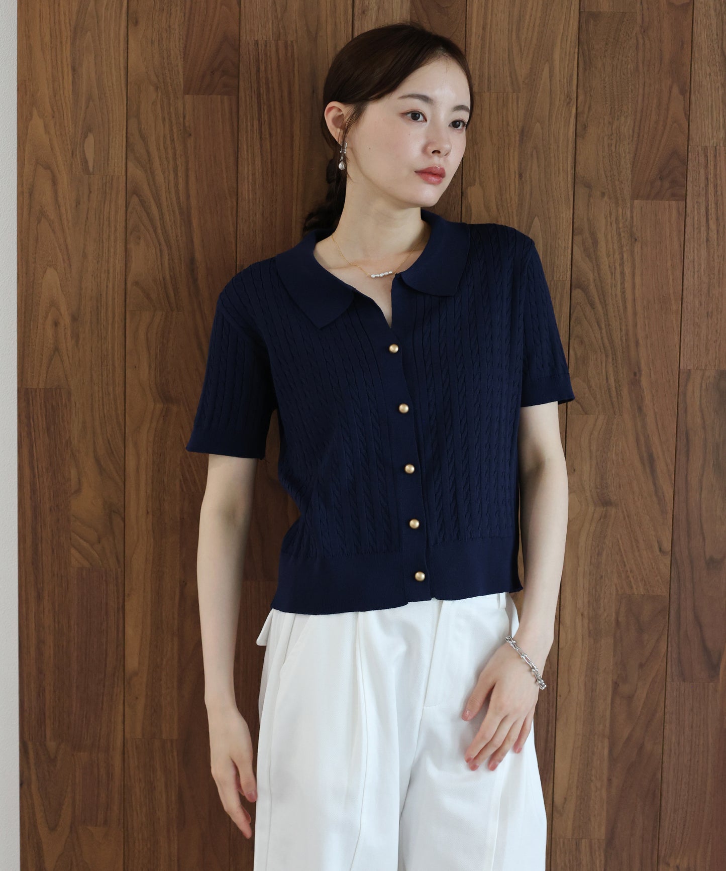 【早割5％OFF】ゴールドボタンケーブルサマーニットカーディガン