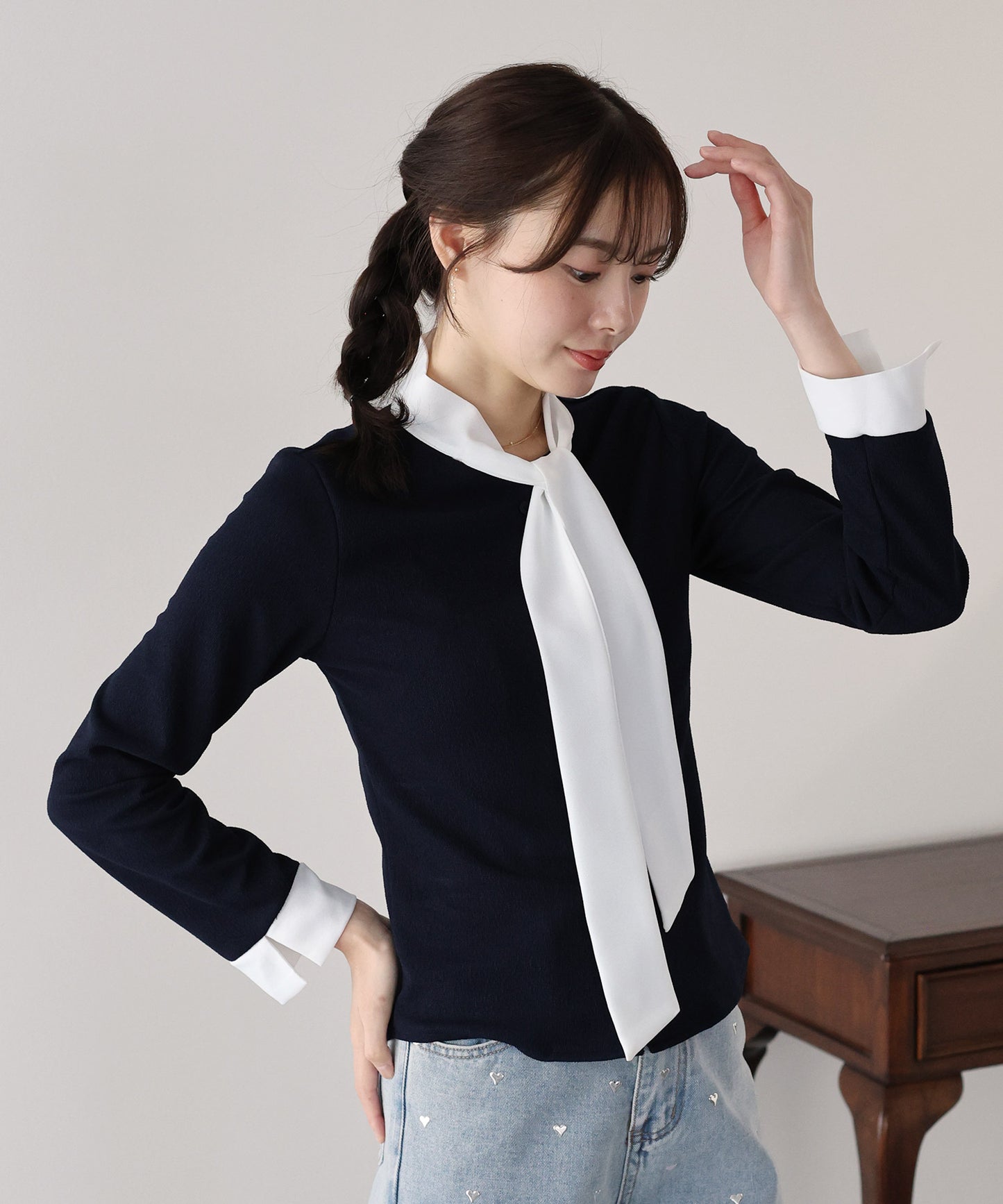 【早割5％OFF】ボウタイシャツドッキングカーディガン