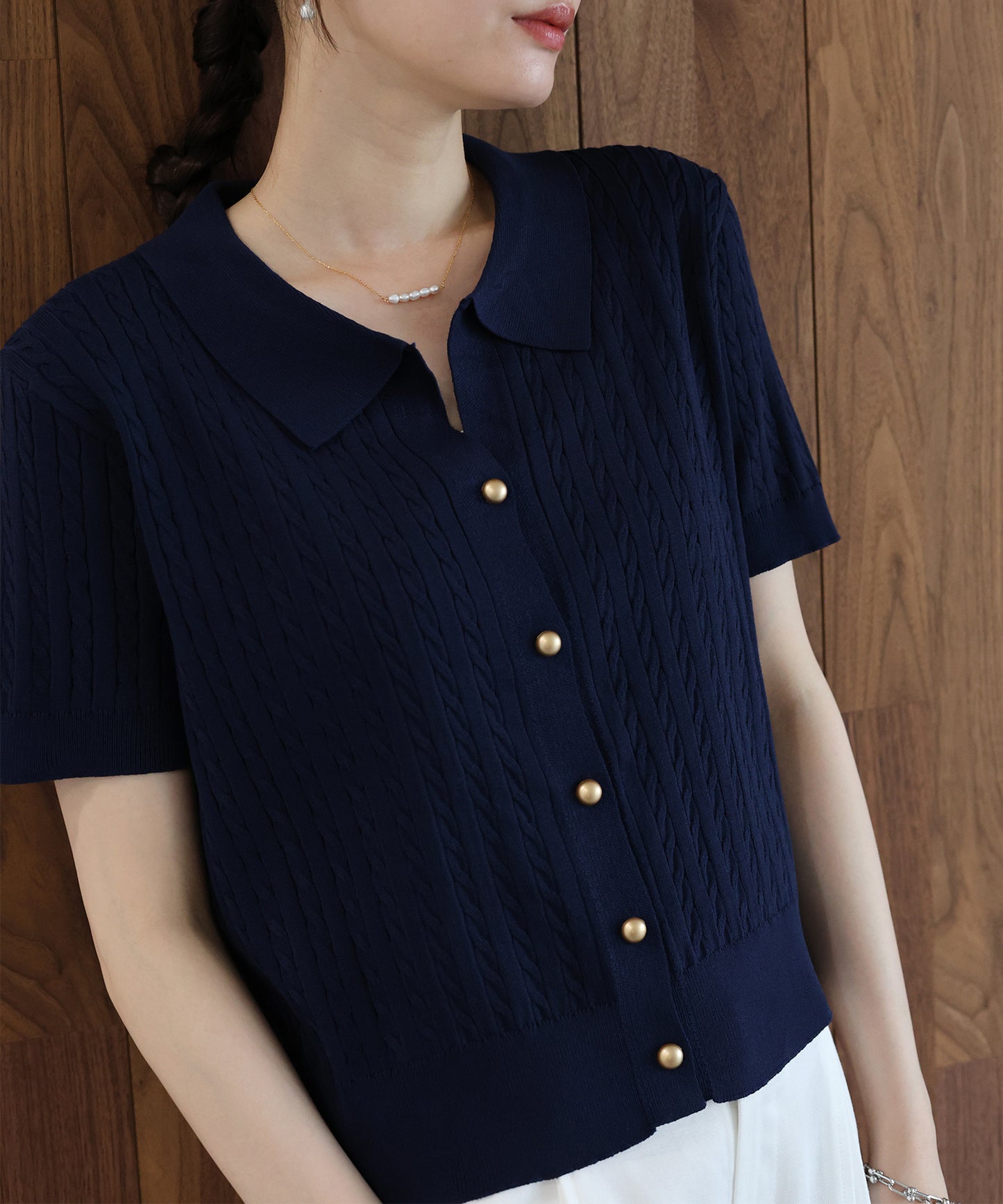 【早割5％OFF】ゴールドボタンケーブルサマーニットカーディガン