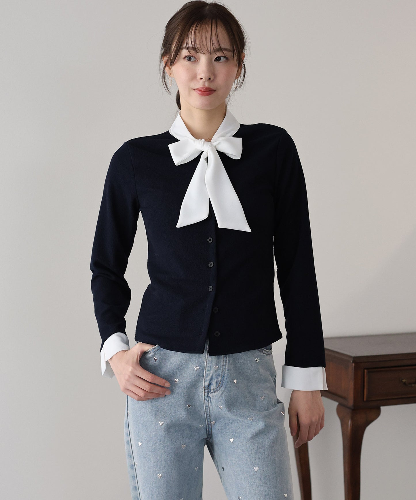 【早割5％OFF】ボウタイシャツドッキングカーディガン