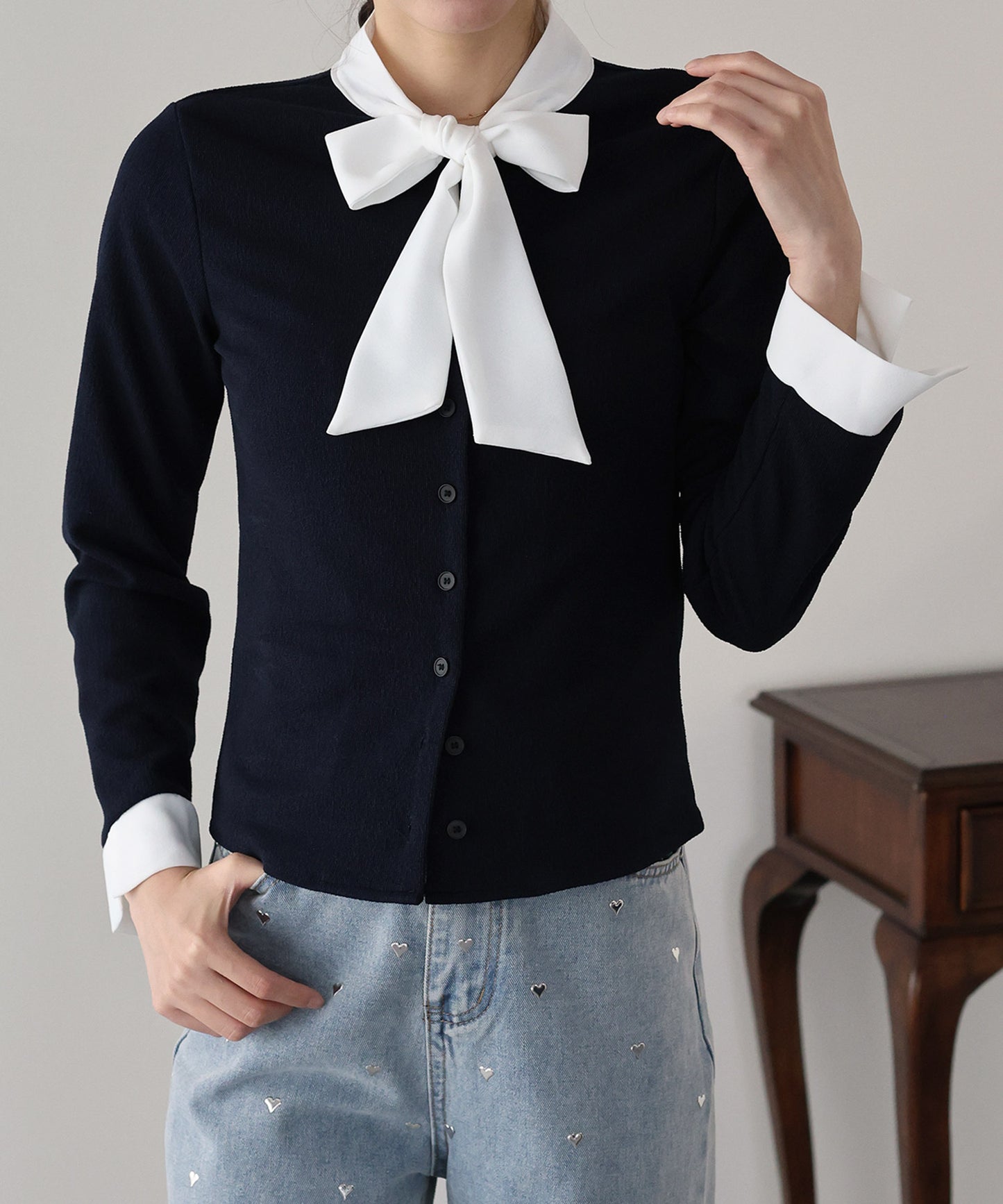 【早割5％OFF】ボウタイシャツドッキングカーディガン
