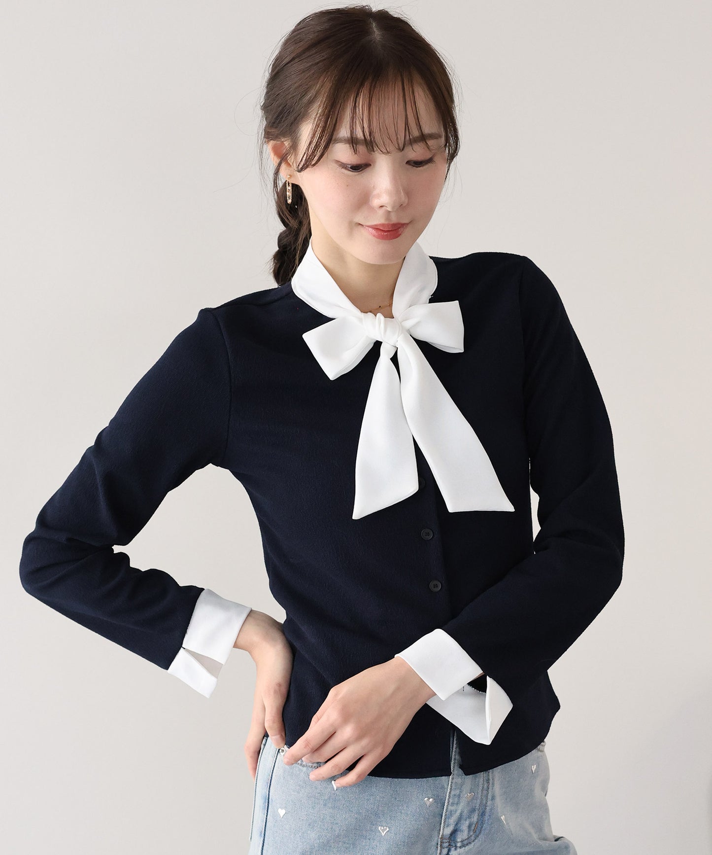 【早割5％OFF】ボウタイシャツドッキングカーディガン