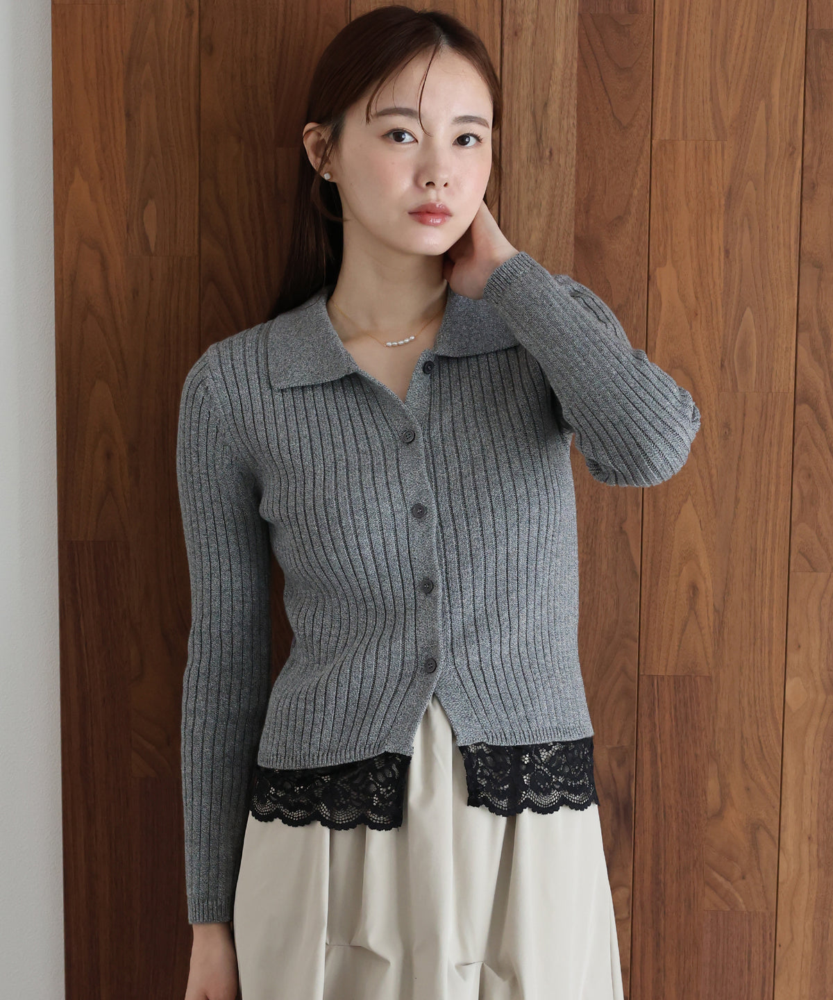 【早割5％OFF】レースヘムリブポロミックスニット