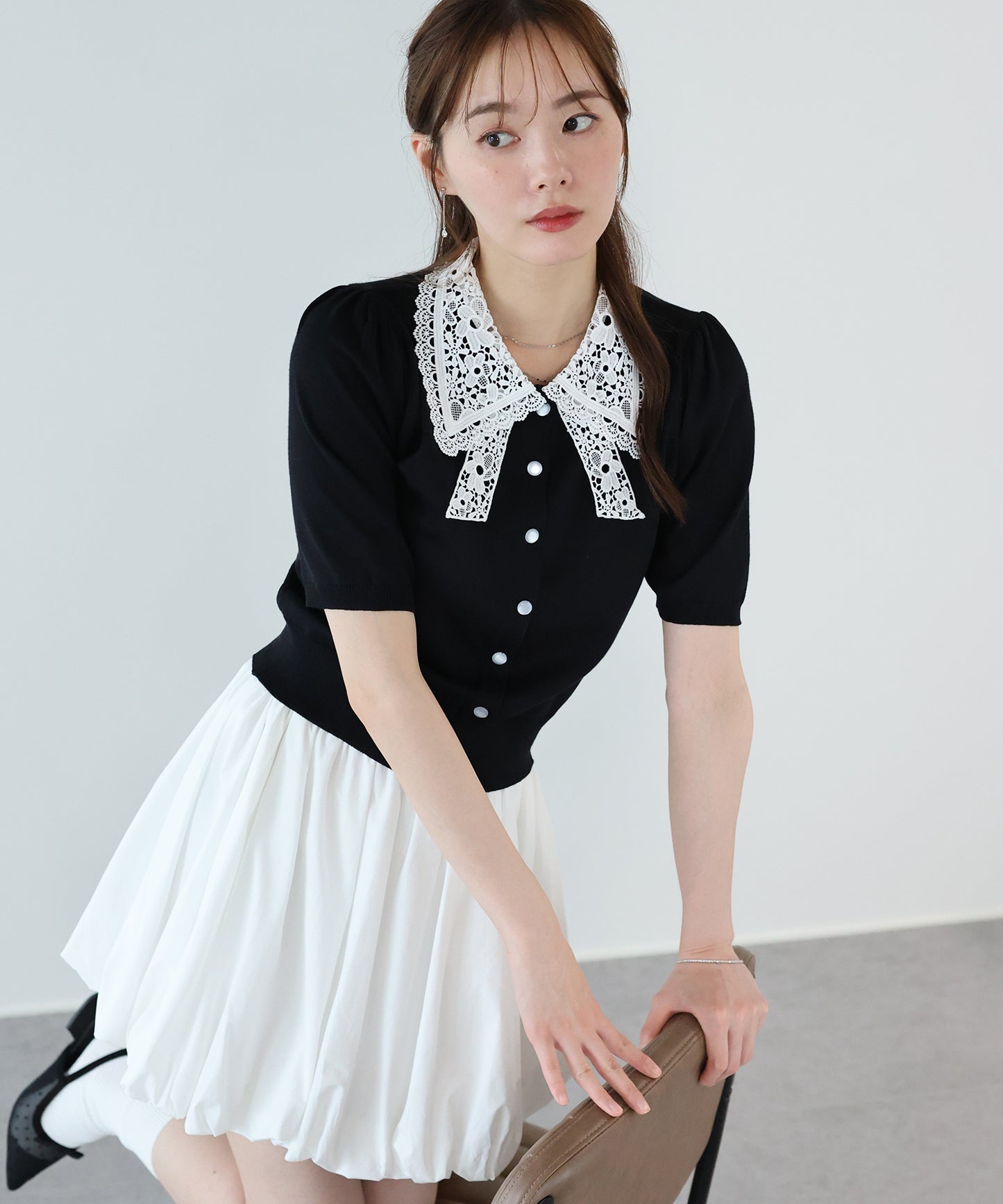 【早割5％OFF】レースリボンカラーカーディガン