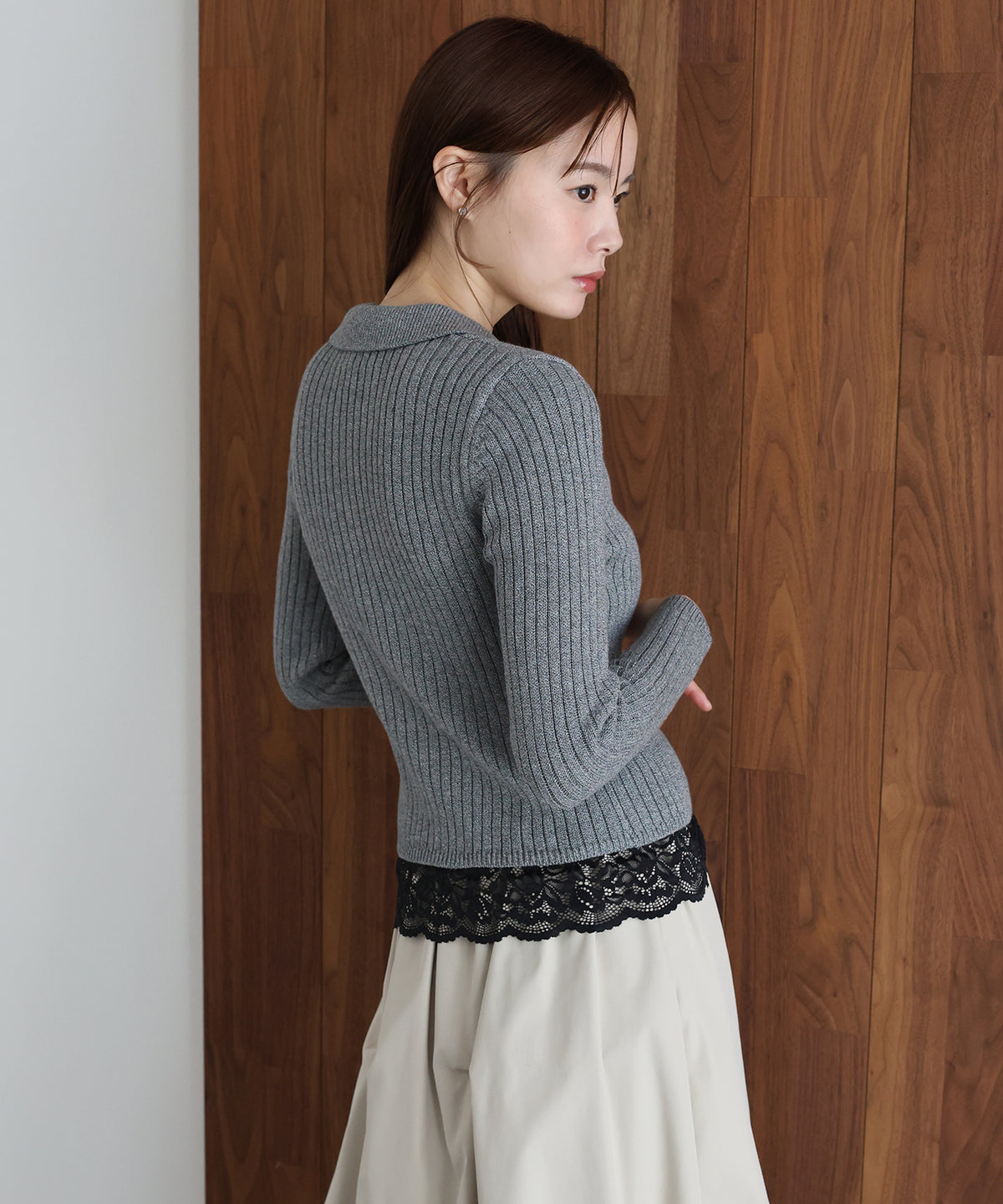 【早割5％OFF】レースヘムリブポロミックスニット