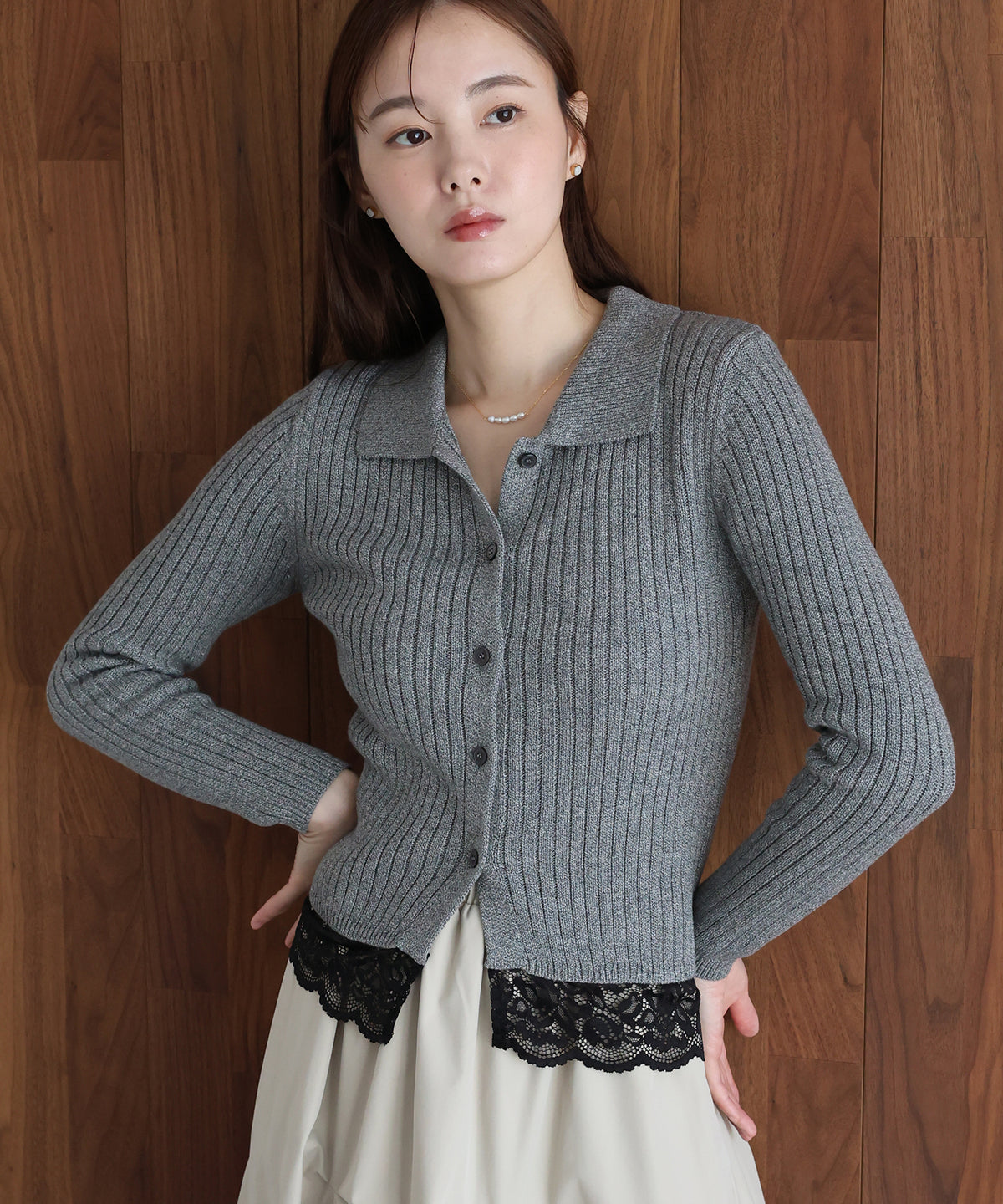 【早割5％OFF】レースヘムリブポロミックスニット