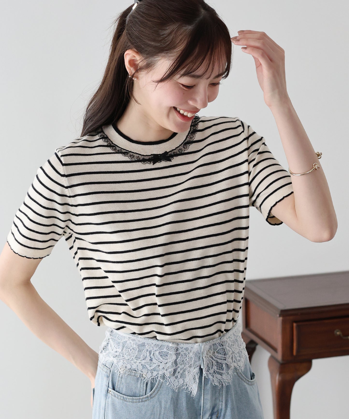 【SALE】レースリボンボーダーニット