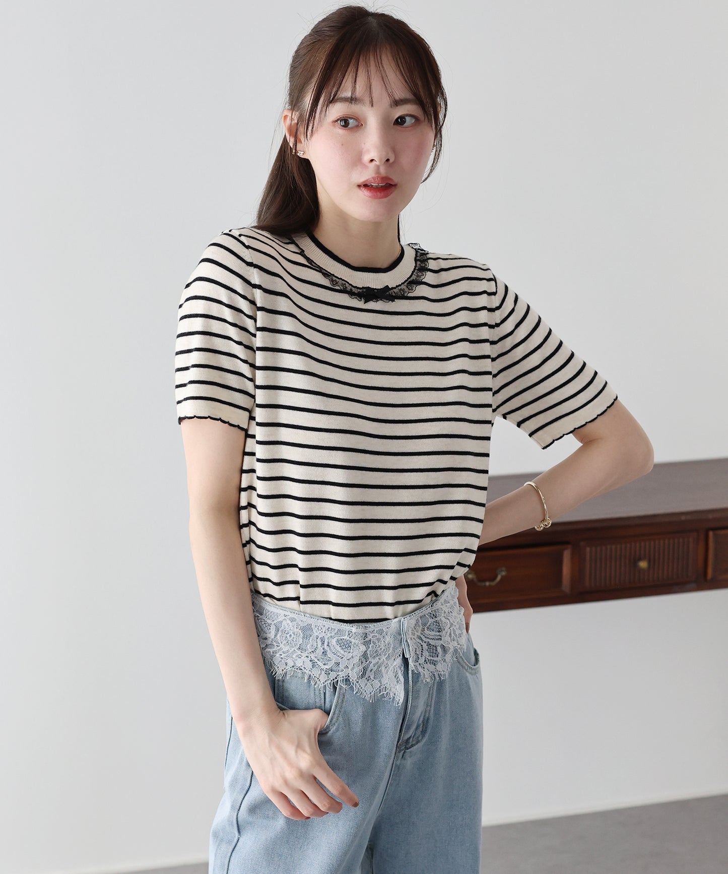 【SALE】レースリボンボーダーニット