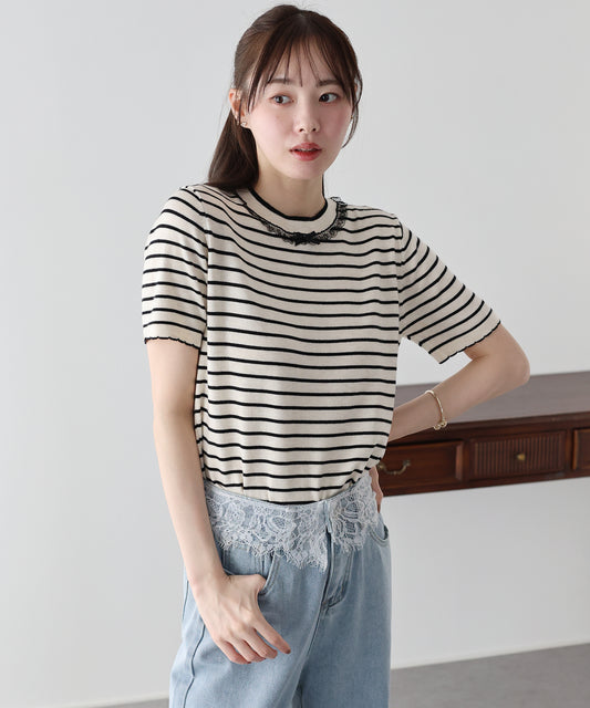 【早割5％OFF】レースリボンボーダーニット