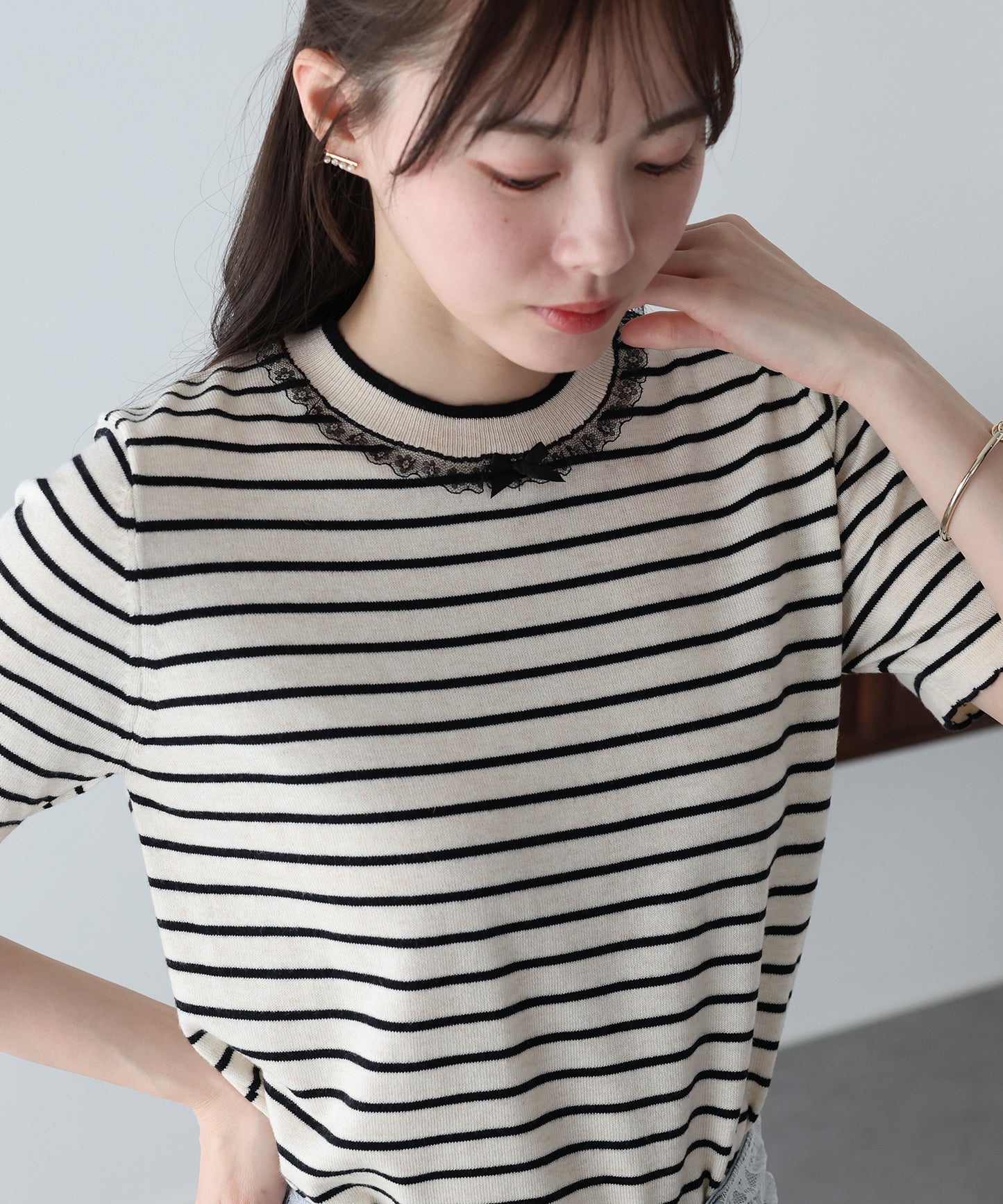 【SALE】レースリボンボーダーニット