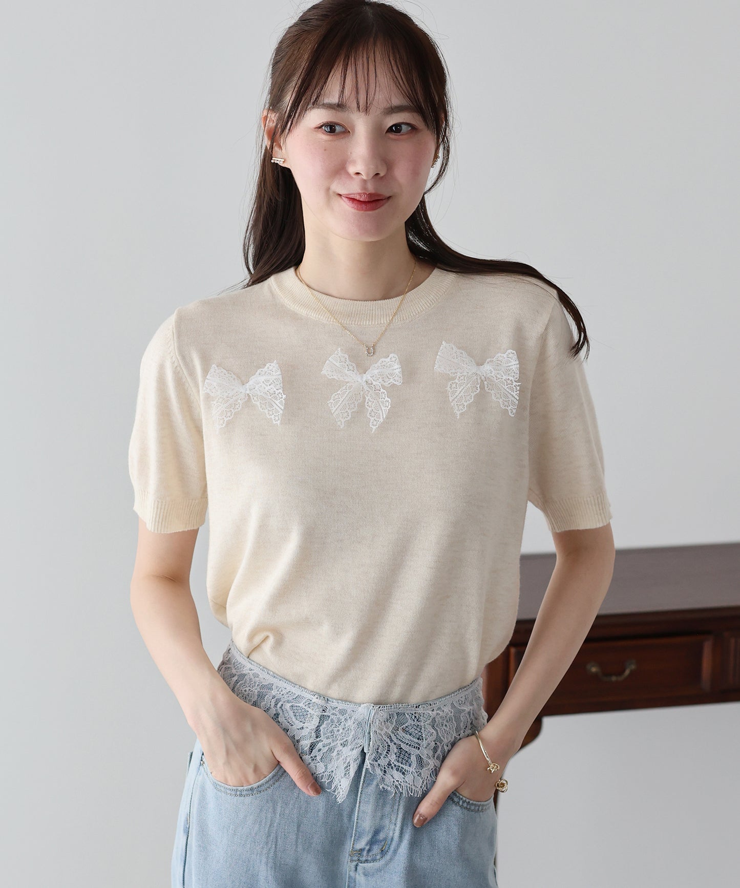 【早割5％OFF】レースリボンニット