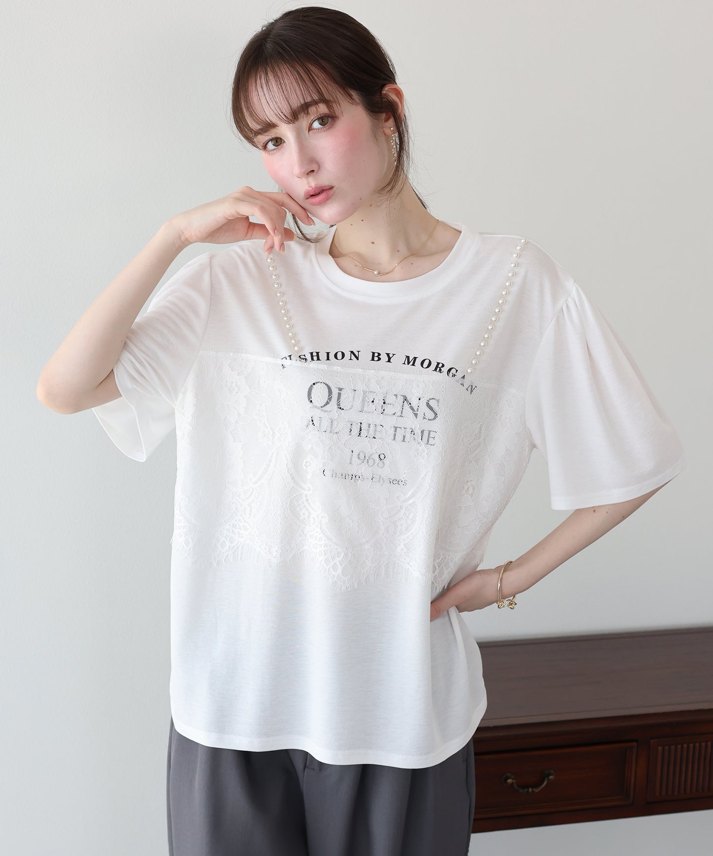 パール付きレースドッキングロゴTシャツ【メール便】