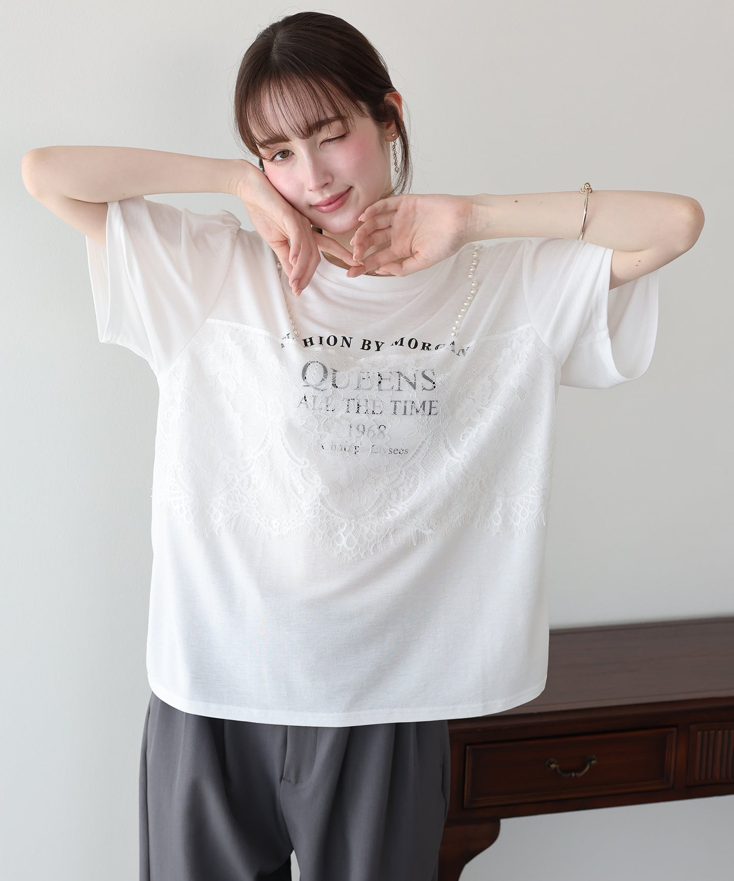 パール付きレースドッキングロゴTシャツ【メール便】