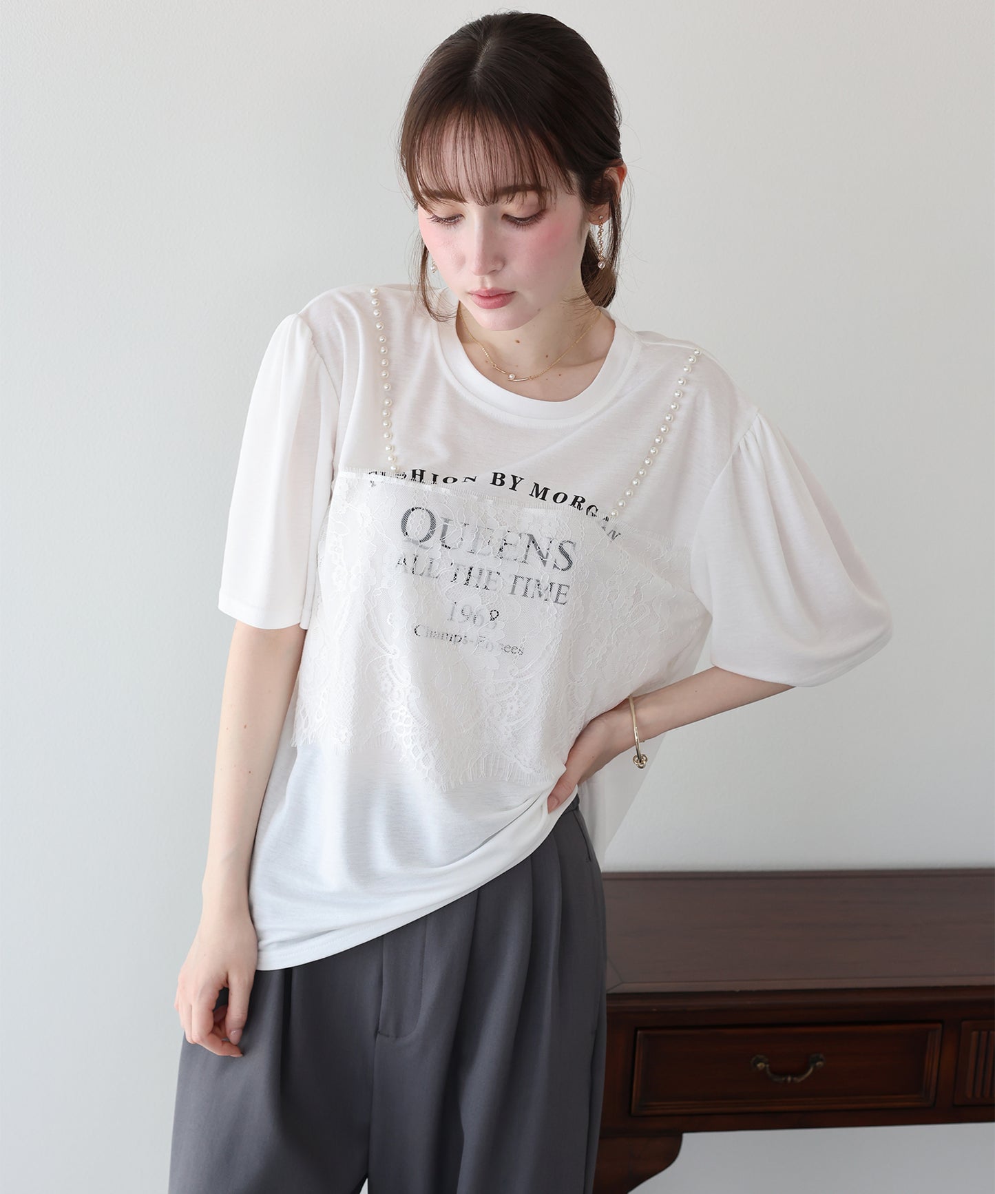 パール付きレースドッキングロゴTシャツ【メール便】