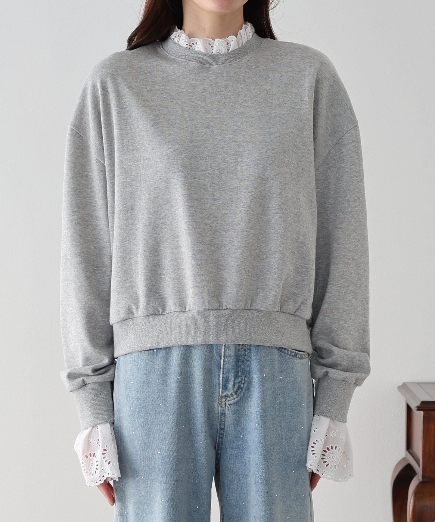 コットンレースレイヤードスウェット