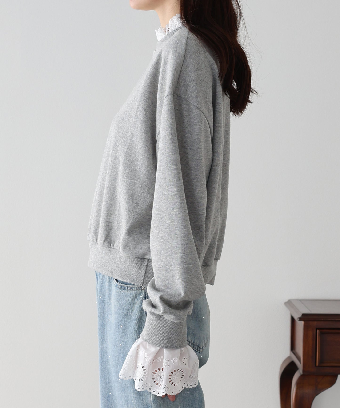 コットンレースレイヤードスウェット