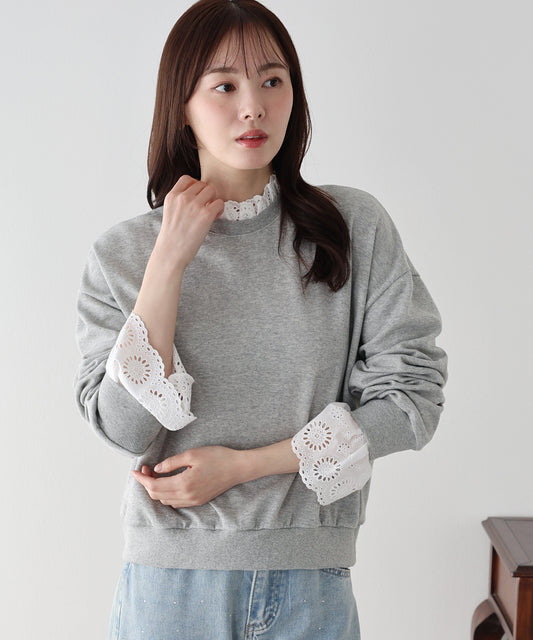 コットンレースレイヤードスウェット