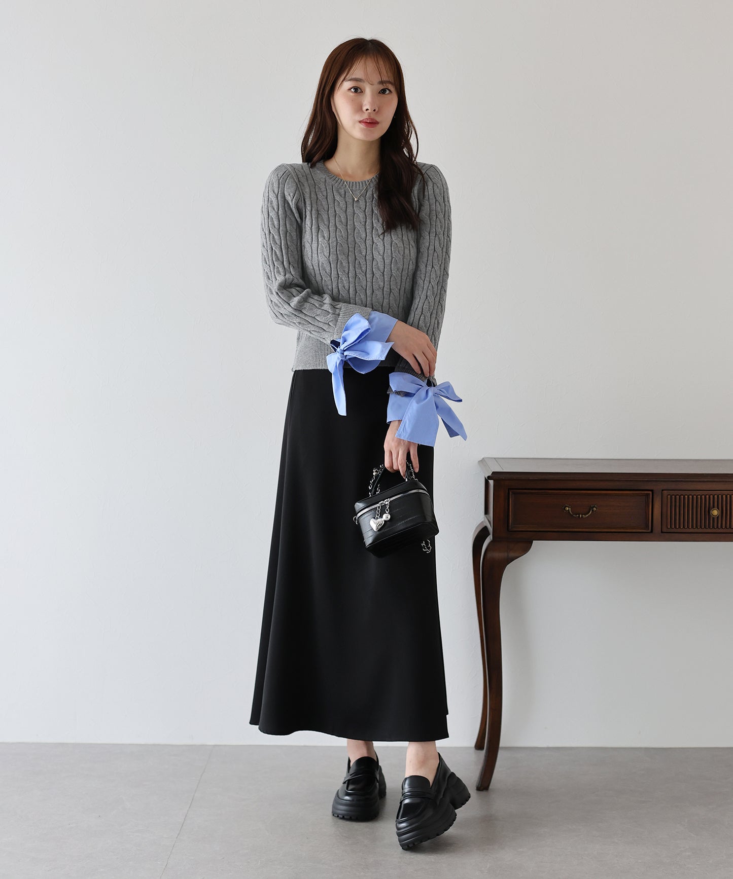【早割5％OFF】リボン袖ドッキングケーブルニット