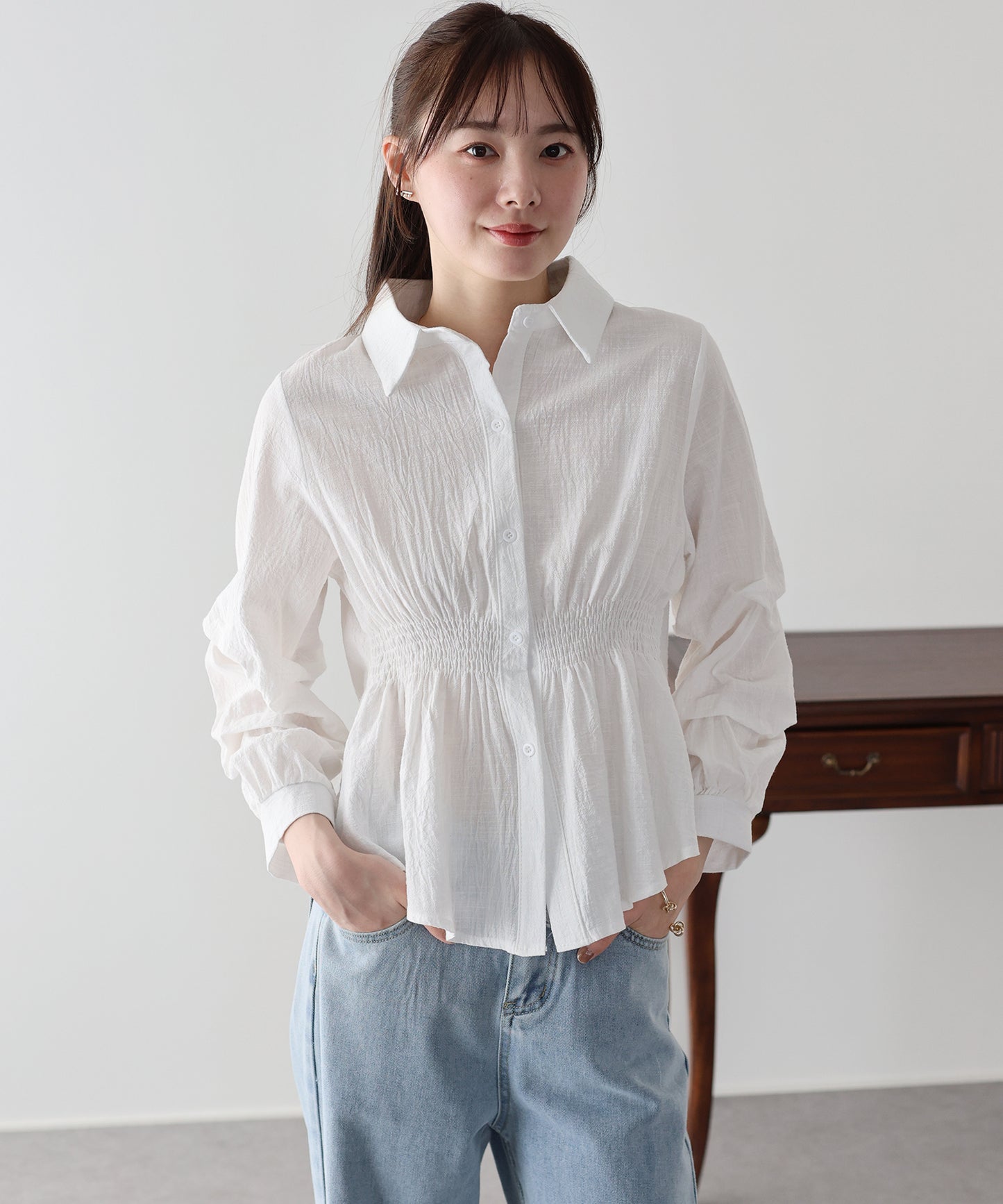 【早割5％OFF】ギャザーペプラムブラウス【ネコポス】