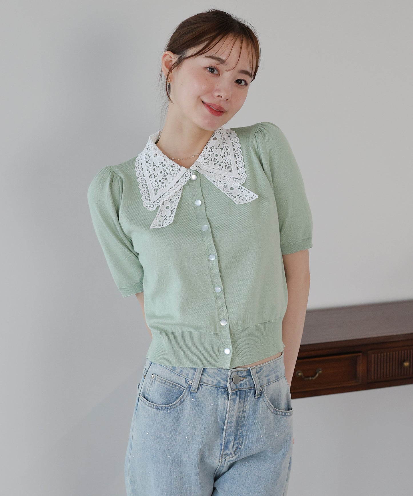 【早割5％OFF】レースリボンカラーカーディガン