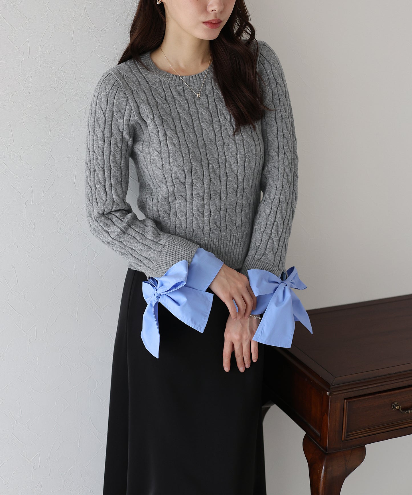 【早割5％OFF】リボン袖ドッキングケーブルニット