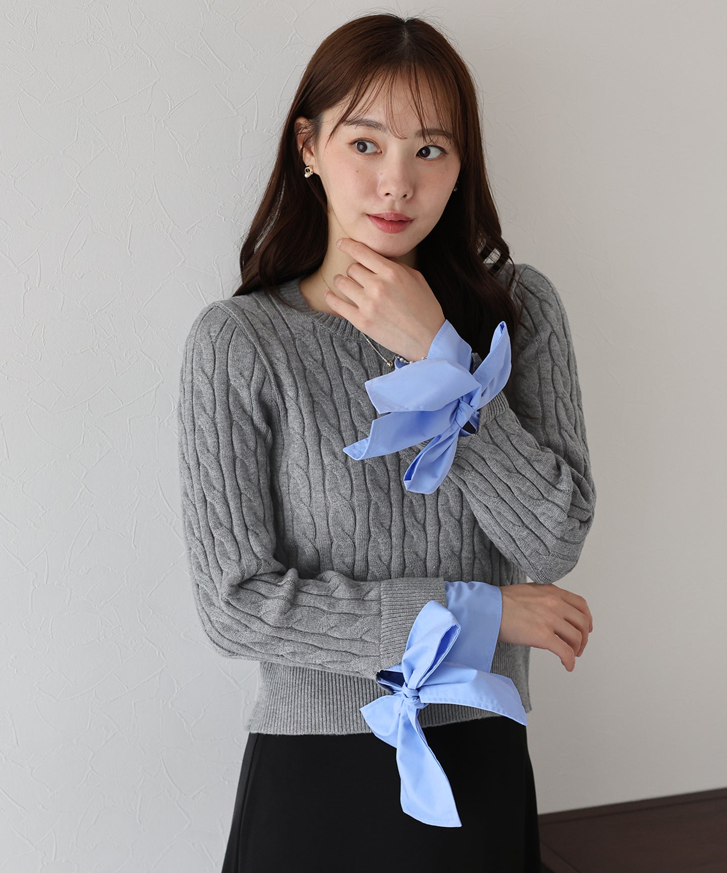 【早割5％OFF】リボン袖ドッキングケーブルニット