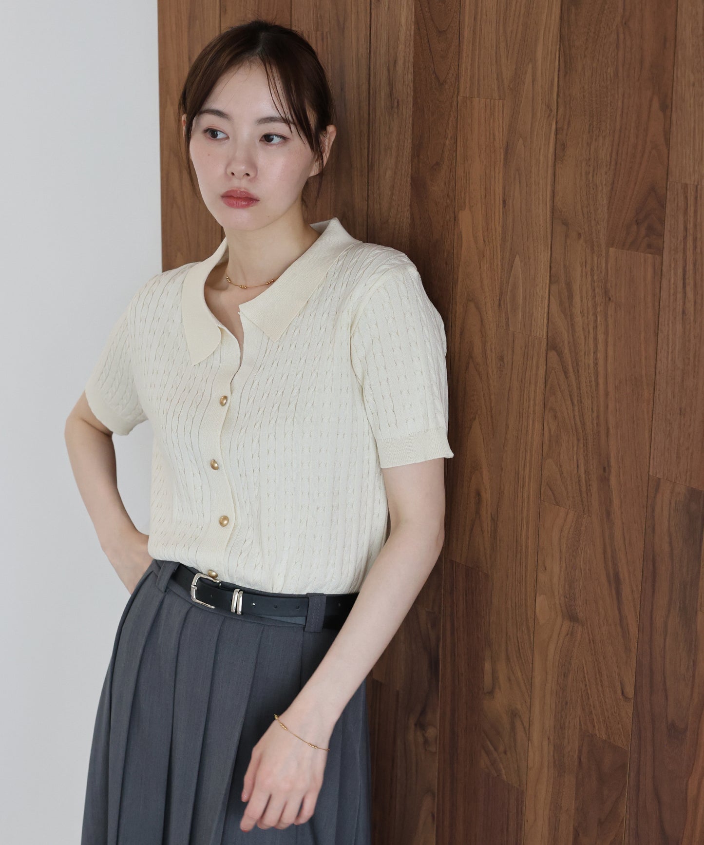 【早割5％OFF】ゴールドボタンケーブルサマーニットカーディガン