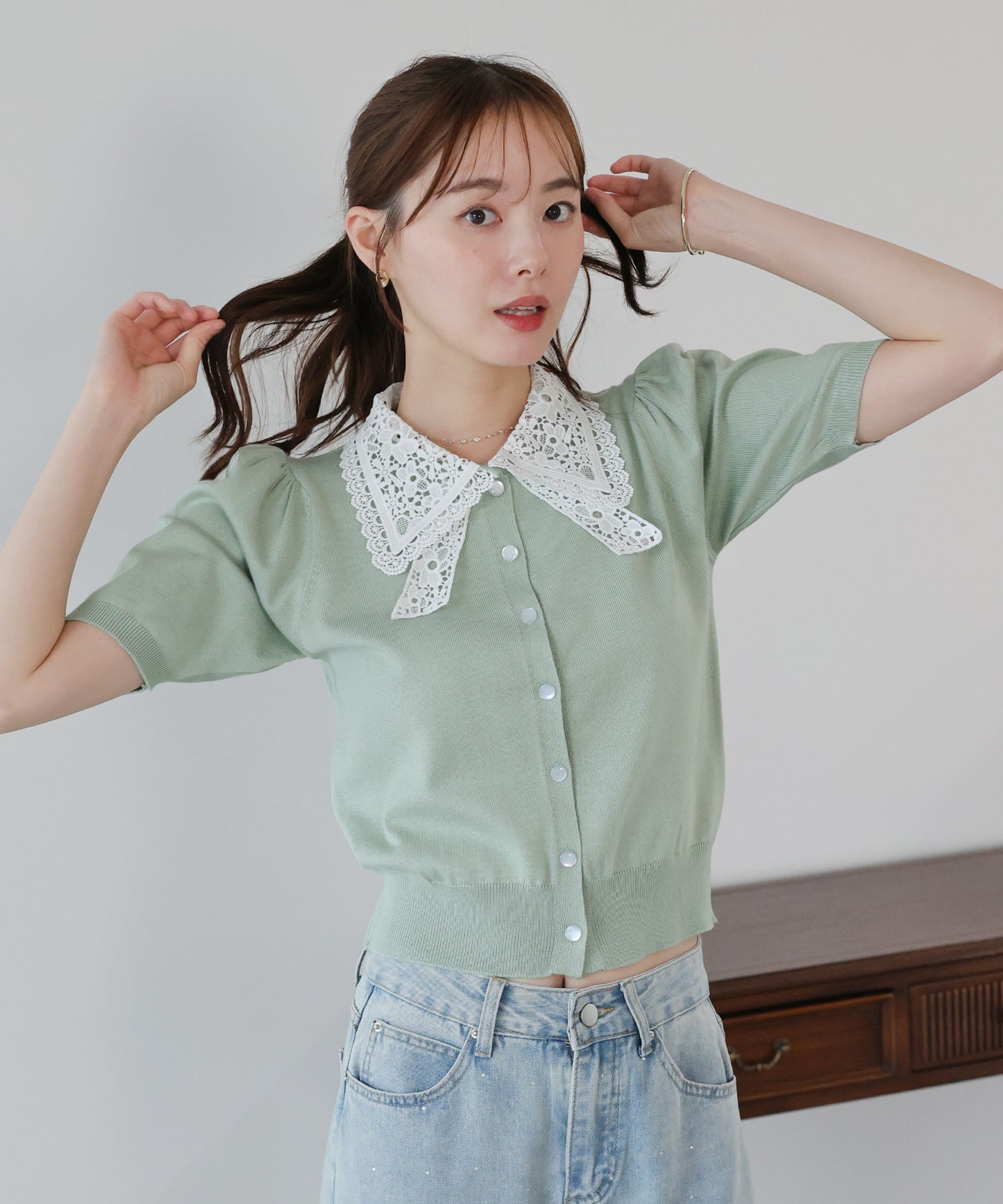 【早割5％OFF】レースリボンカラーカーディガン