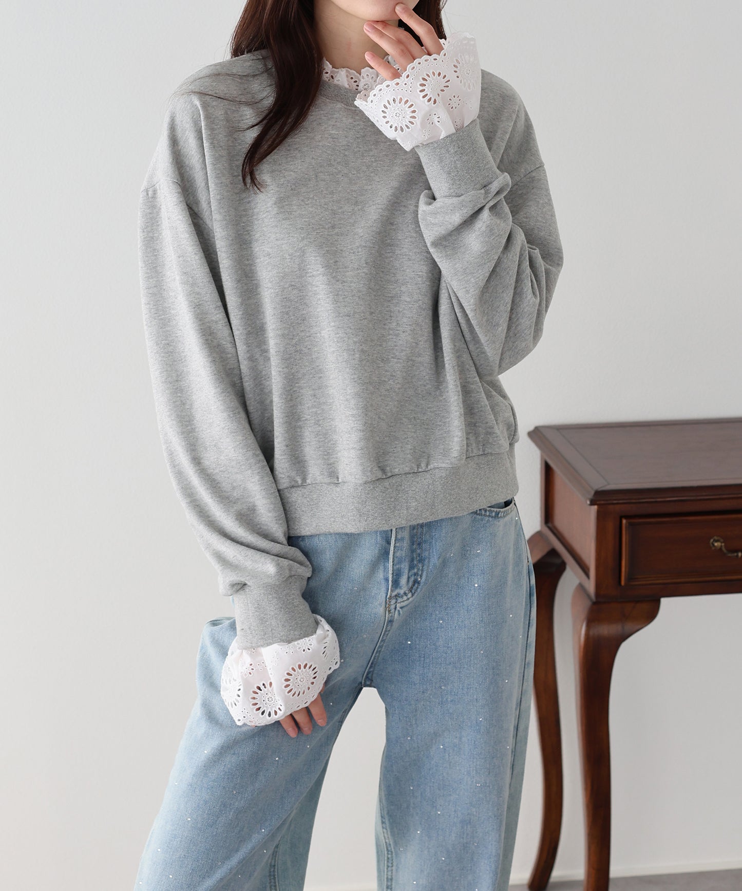 コットンレースレイヤードスウェット