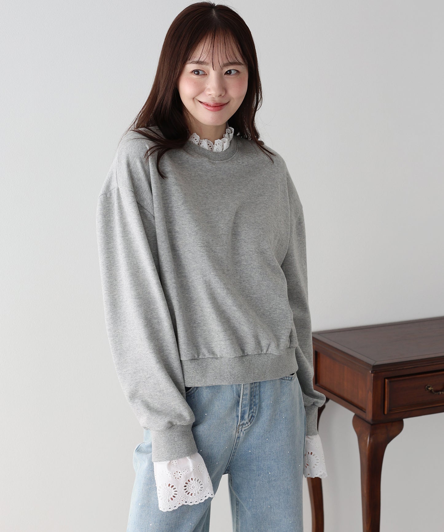 コットンレースレイヤードスウェット