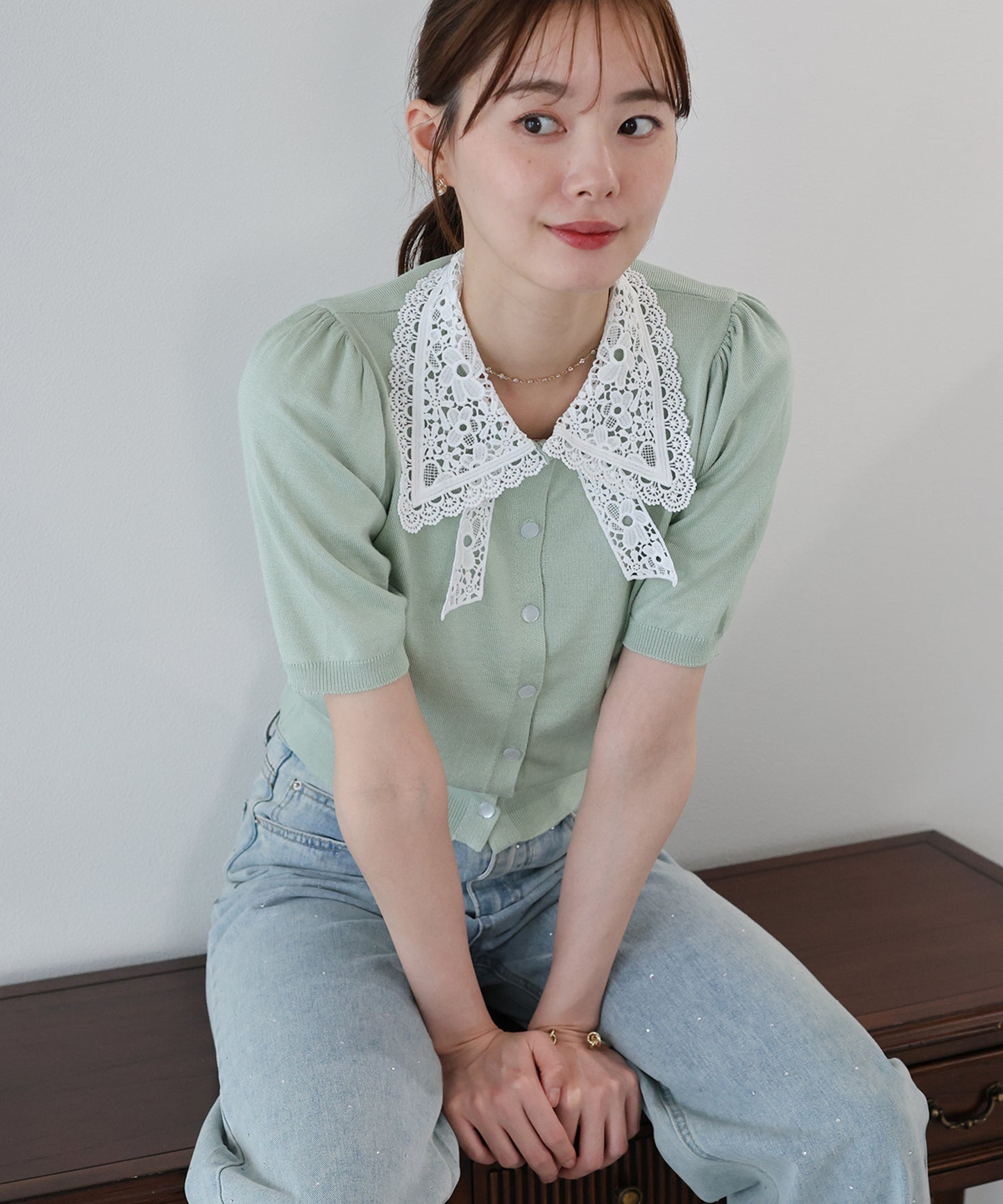 【早割5％OFF】レースリボンカラーカーディガン