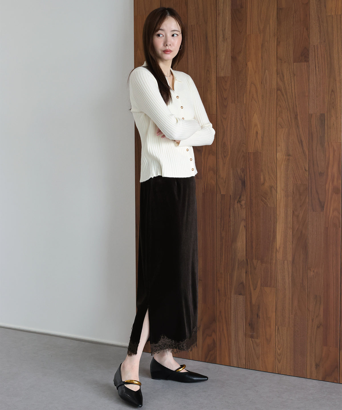 《2サイズ展開》ヘムレースベロアスカート