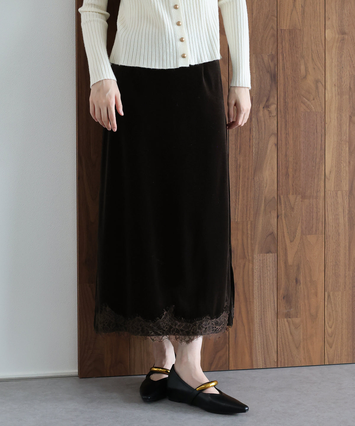【早割5％OFF】《2サイズ展開》ヘムレースベロアスカート