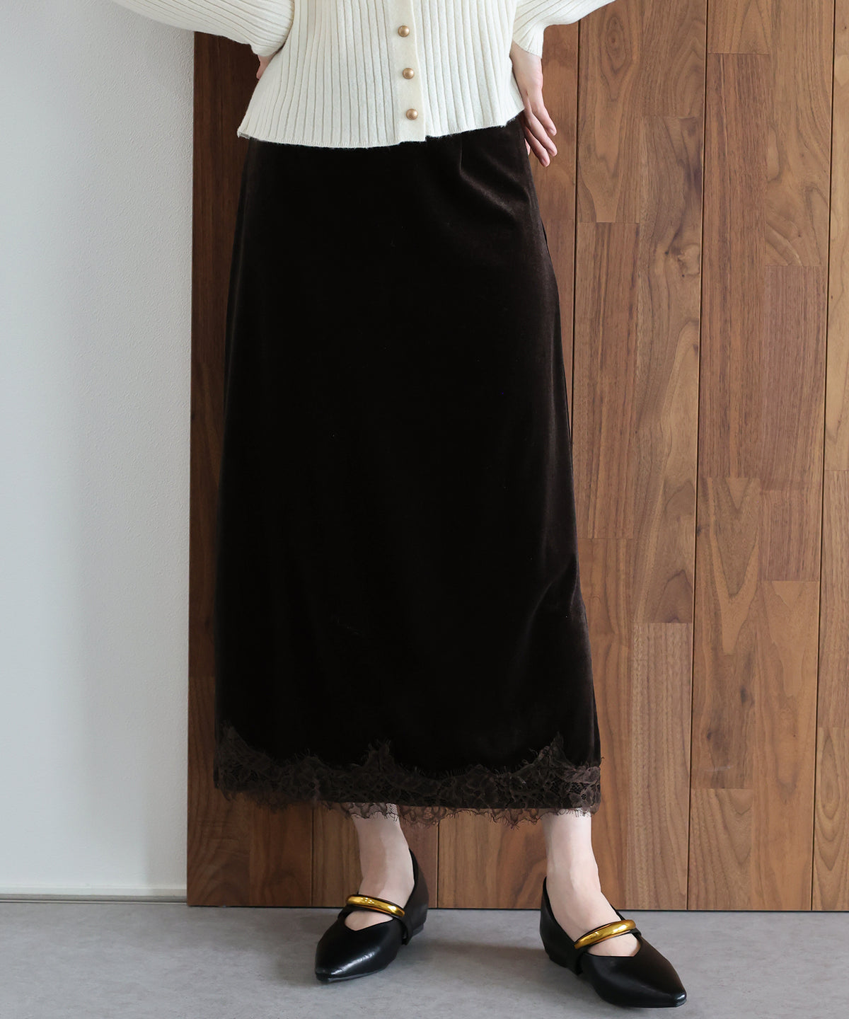 【早割5％OFF】《2サイズ展開》ヘムレースベロアスカート